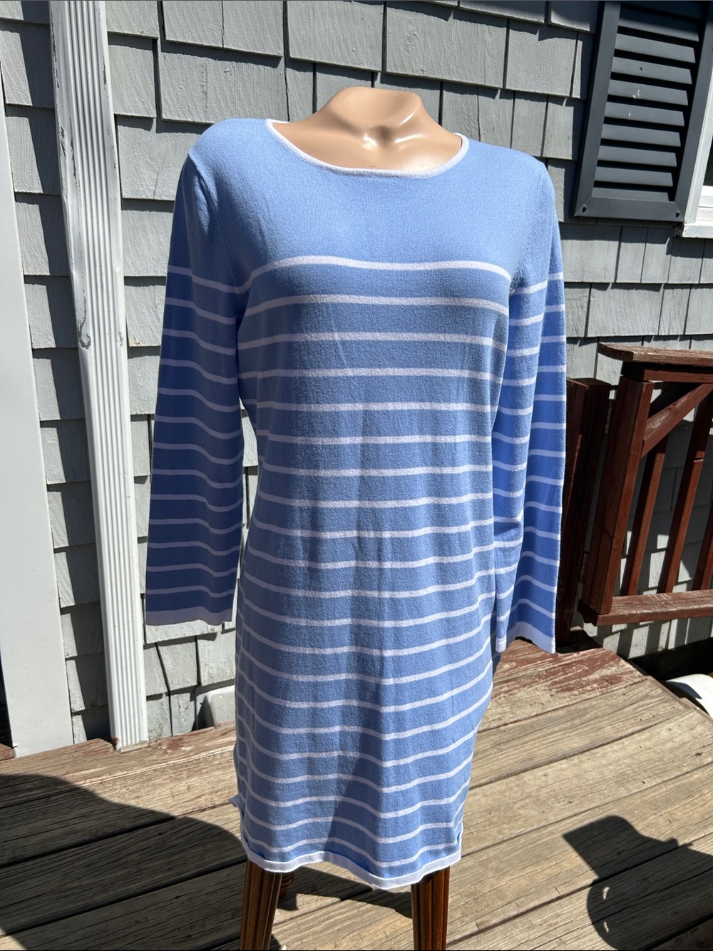 Sail to Sable Light Blue & White Striped Long Sleeve Knit shift dress